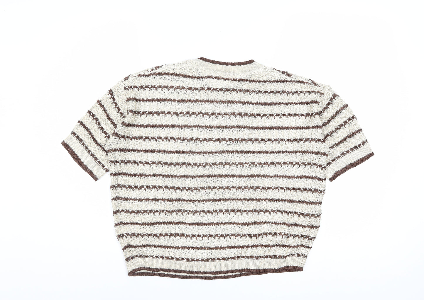 Marks and Spencer Per Una Women Beige Brown Striped Short Sleeve Jumper M