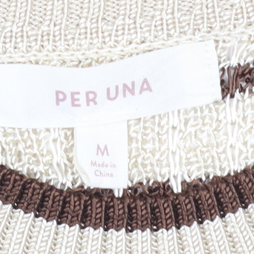 Marks and Spencer Per Una Women Beige Brown Striped Short Sleeve Jumper M