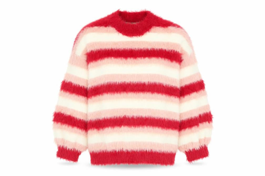 Front view of Nby women’s multicoloured fuzzy stripe jumper, size UK 2
