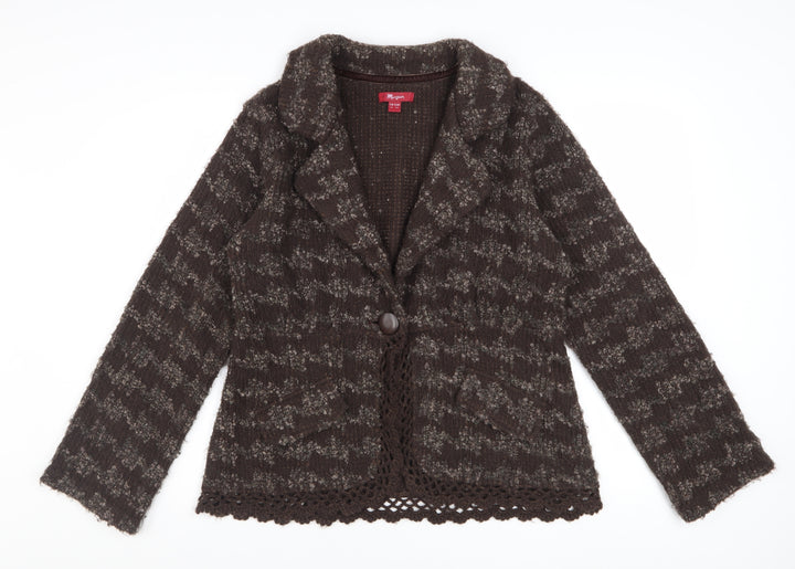 Monsoon Womens Brown Wool Blend Cardigan UK 14 Houndstooth Knit