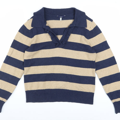 Joules Womens Blue Beige Striped Collared Pullover Jumper Size 12