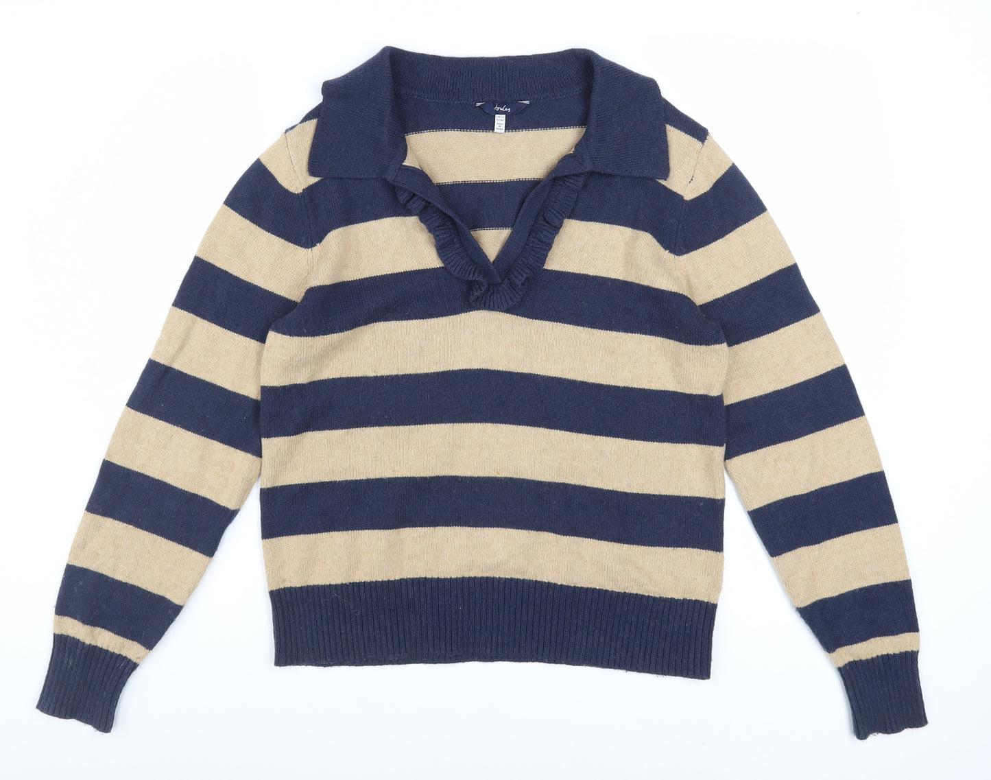 Joules Womens Blue Beige Striped Collared Pullover Jumper Size 12
