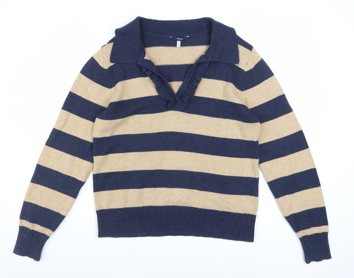 Joules Womens Blue Beige Striped Collared Pullover Jumper Size 12