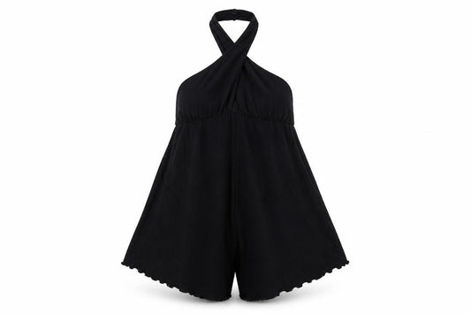 ASOS Design Women Black Size 12 Halter Playsuit Cotton Blend Crinkle Fabric