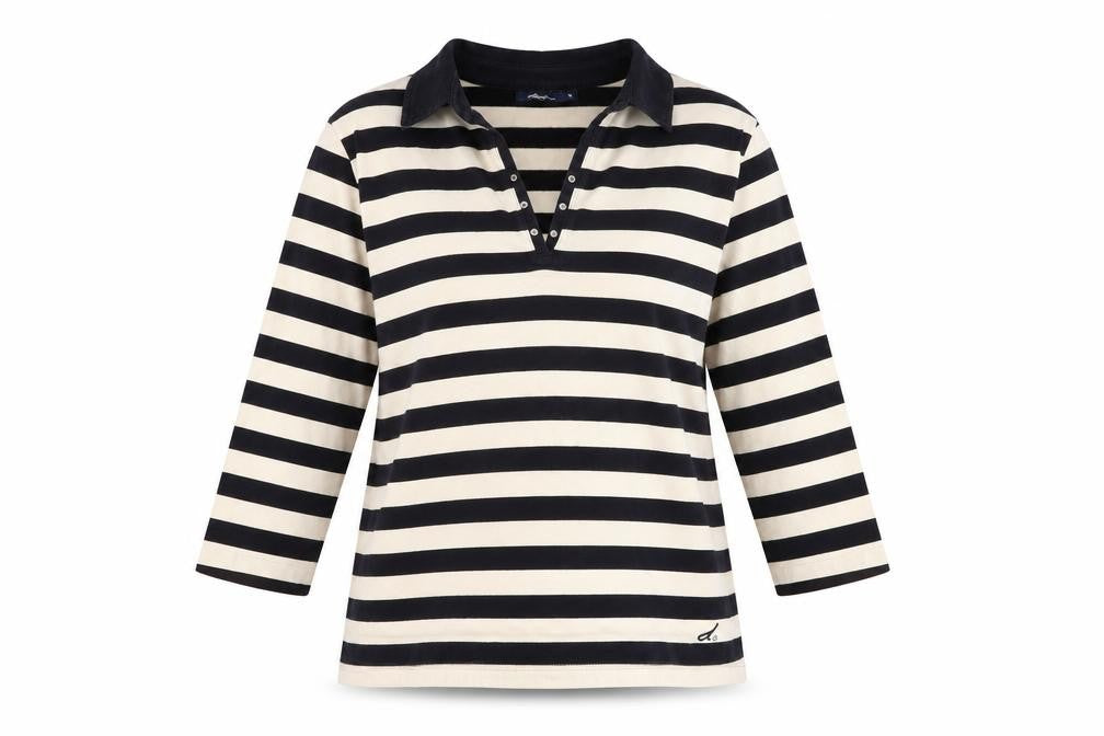 Front view of Dash Women's Black Striped Cotton Collared 3/4 Sleeve Shirt, size 14