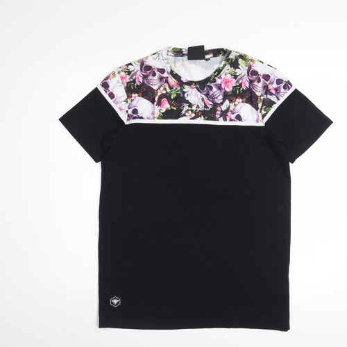 Bee Inspired Men's Black Skull Floral Graphic Short Sleeve T-Shirt Size S