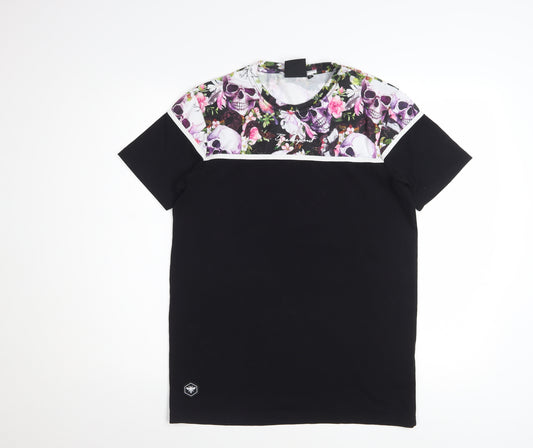 Bee Inspired Men's Black Skull Floral Graphic Short Sleeve T-Shirt Size S