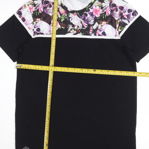 Bee Inspired Men's Black Skull Floral Graphic Short Sleeve T-Shirt Size S