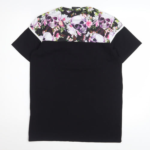 Bee Inspired Men's Black Skull Floral Graphic Short Sleeve T-Shirt Size S
