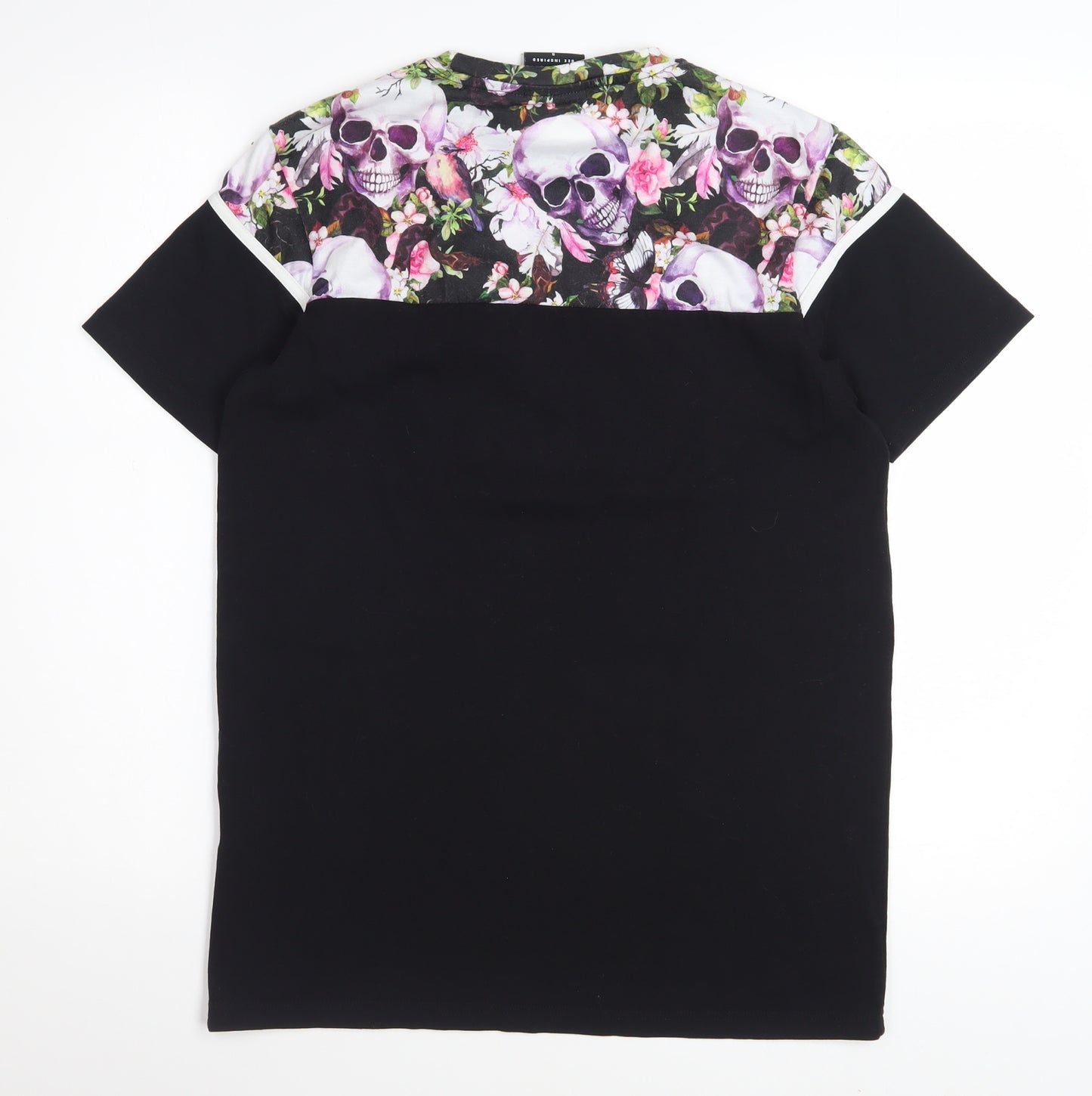 Bee Inspired Men's Black Skull Floral Graphic Short Sleeve T-Shirt Size S