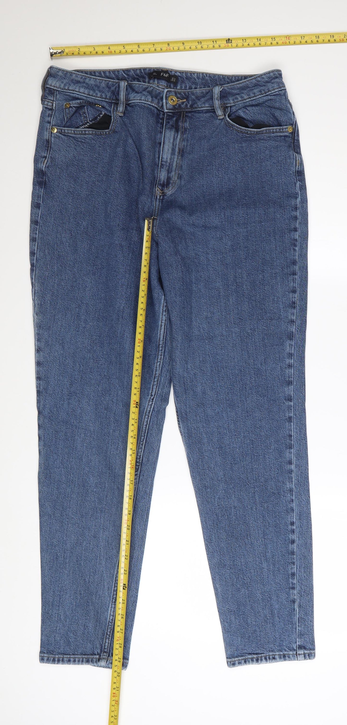 F&F Women's Blue High Rise Straight Denim Jeans Size 14 Tall