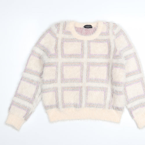 Dorothy Perkins Women Ivory Check Fuzzy Knit Jumper Size 10