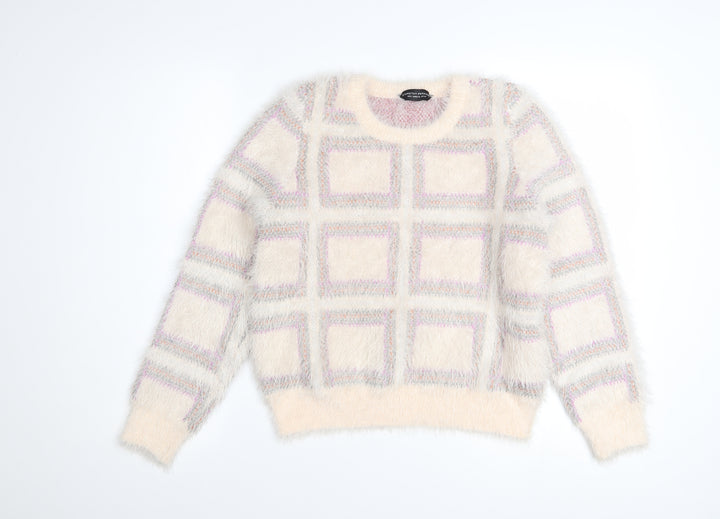 Dorothy Perkins Women Ivory Check Fuzzy Knit Jumper Size 10