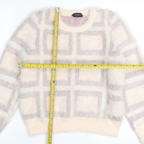Dorothy Perkins Women Ivory Check Fuzzy Knit Jumper Size 10