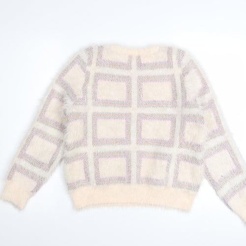 Dorothy Perkins Women Ivory Check Fuzzy Knit Jumper Size 10