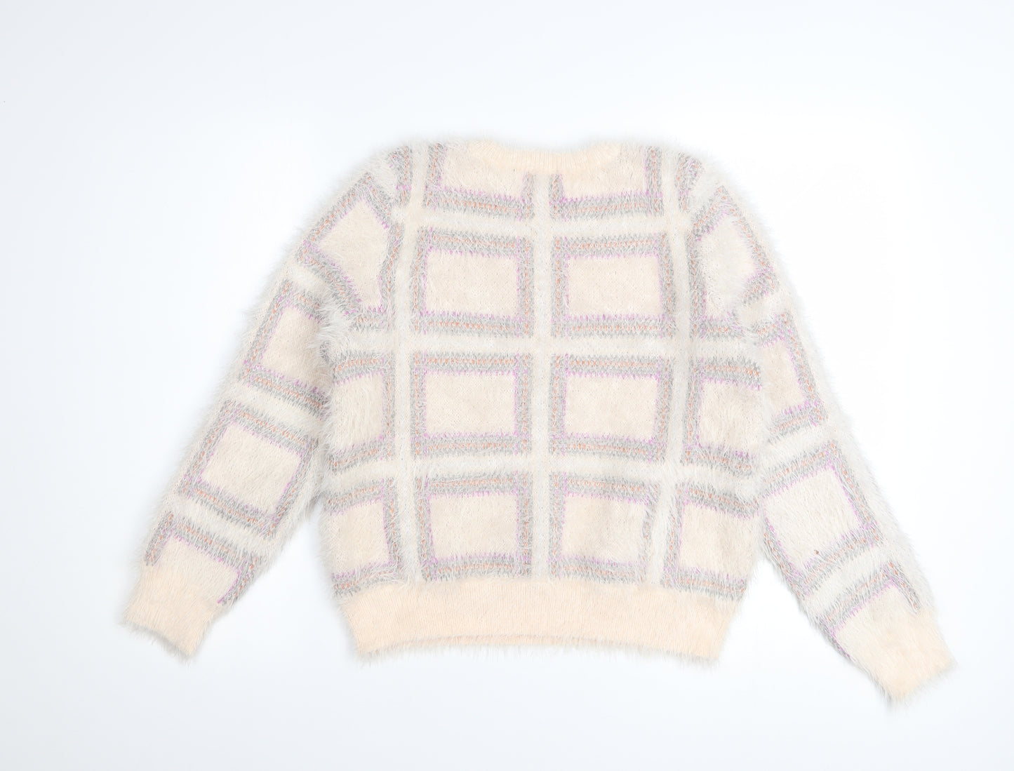 Dorothy Perkins Women Ivory Check Fuzzy Knit Jumper Size 10