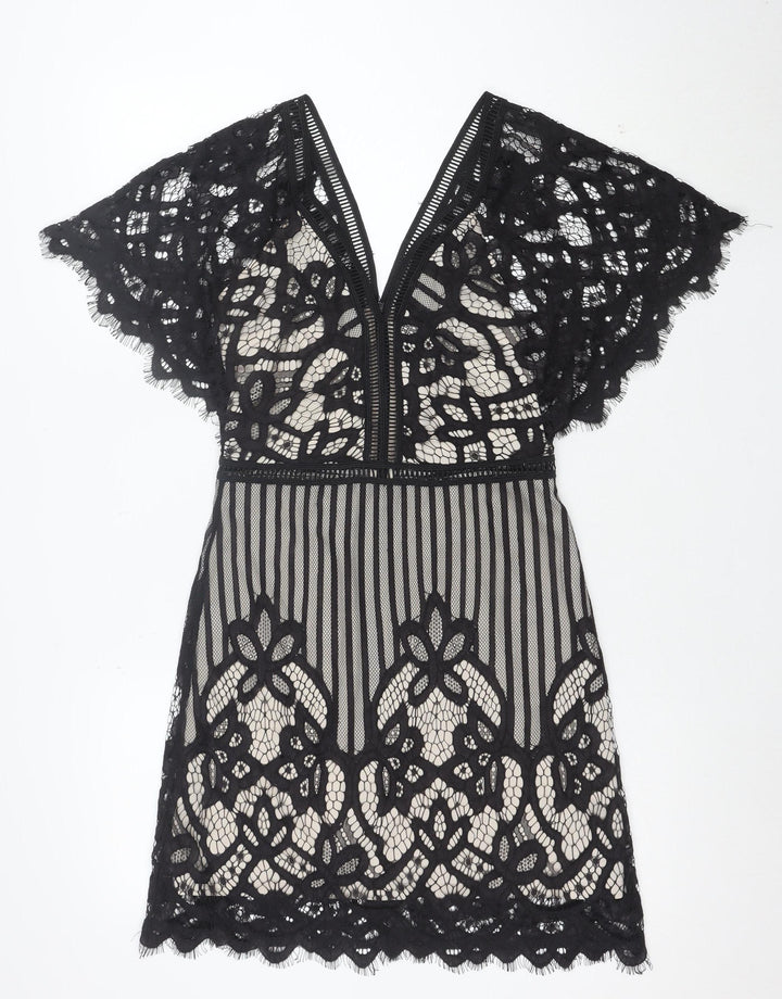 Boohoo Women’s Black Lace Bodycon V-Neck Short Dress Size 10
