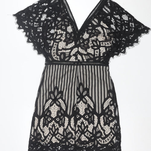 Boohoo Women’s Black Lace Bodycon V-Neck Short Dress Size 10