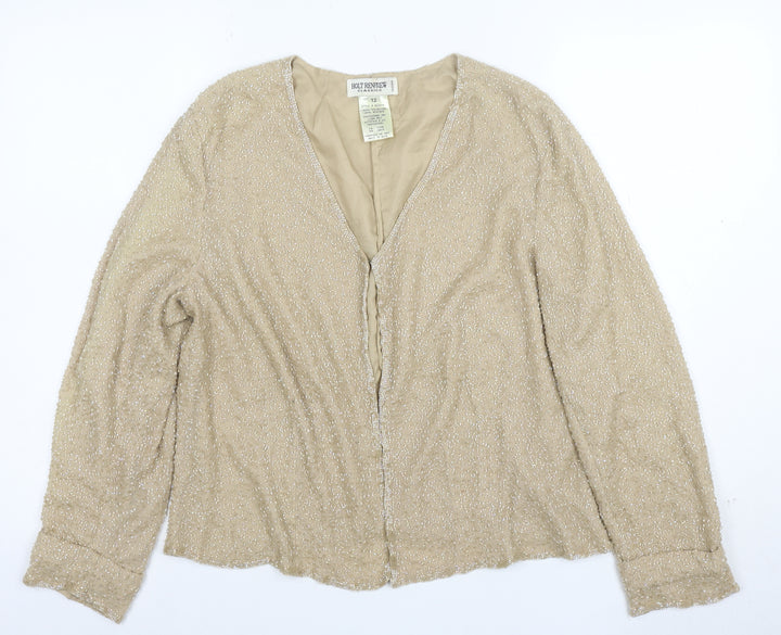 Holt Renfrew Classics Women Beige Beaded Suit Jacket Size 12 Elegant Eveningwear