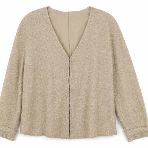 Holt Renfrew Classics Women Beige Beaded Suit Jacket Size 12 Elegant Eveningwear