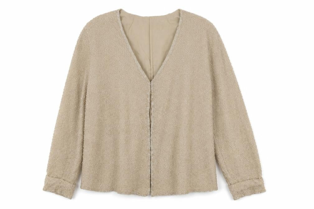 Holt Renfrew Classics Women Beige Beaded Suit Jacket Size 12 Elegant Eveningwear