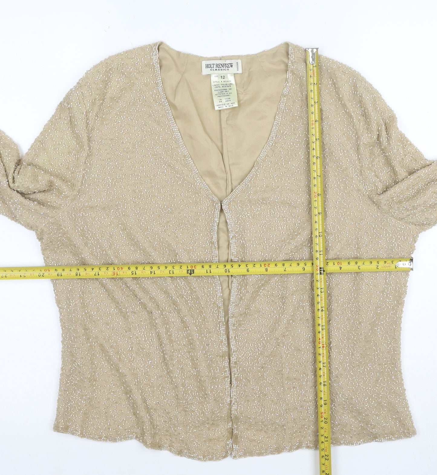 Holt Renfrew Classics Women Beige Beaded Suit Jacket Size 12 Elegant Eveningwear