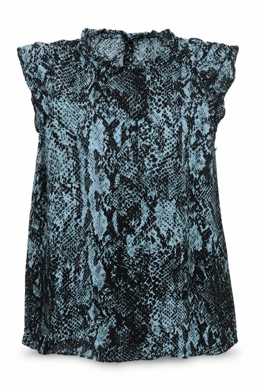 Front view of New Look Women Blue Animal Print Sleeveless Ruffle Blouse, size 10