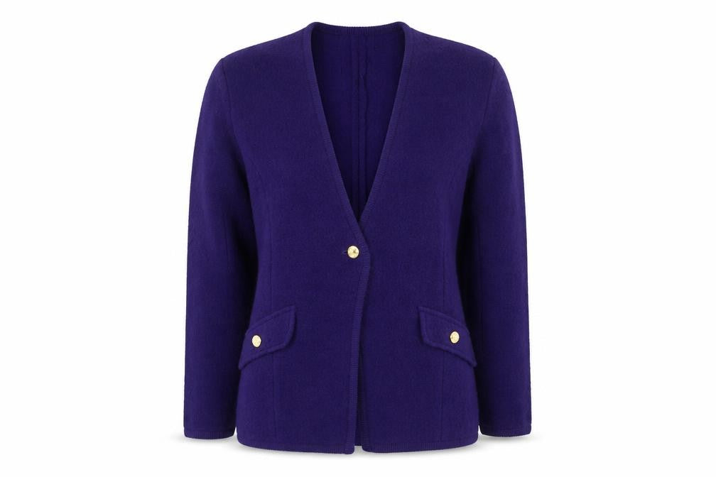 Front view of Franco Valeri Women's Purple Wool Blazer Jacket, size M, Gold Buttons