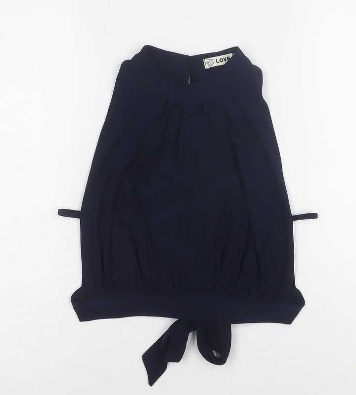 LOVE Women’s Blue Sleeveless High Neck Tie Blouse Size S