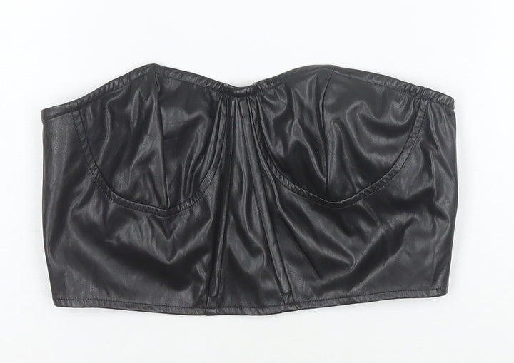 PrettyLittleThing Women Black Faux Leather Cropped Strapless Top Size 10