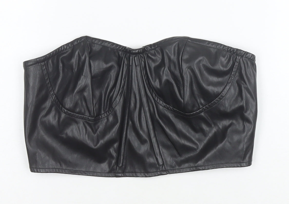 PrettyLittleThing Women Black Faux Leather Cropped Strapless Top Size 10