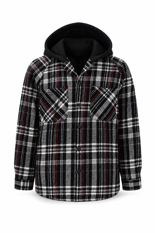 Front view of Zara Women’s Black Checked Hooded Flannel Relaxed Fit Jacket, size S