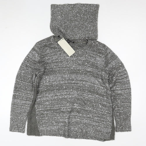 Next Women’s Grey Sequin Wool Blend Hooded Cowl Neck Jumper Size 10