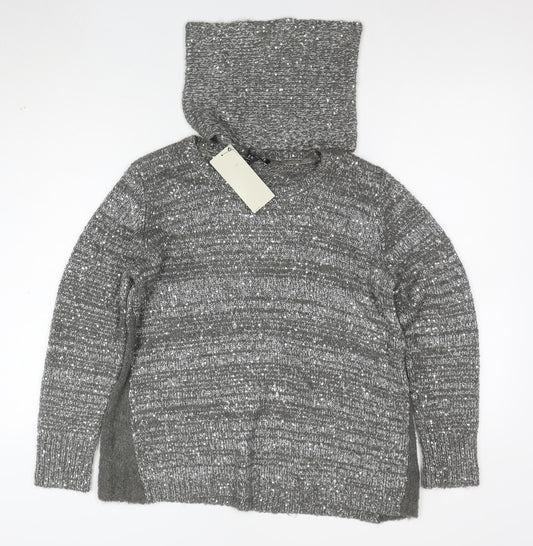 Next Women’s Grey Sequin Wool Blend Hooded Cowl Neck Jumper Size 10