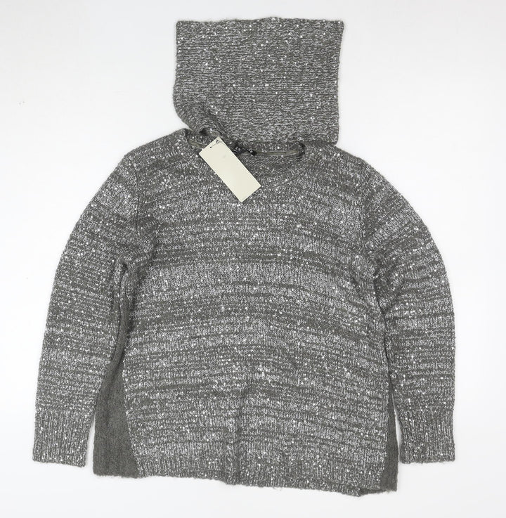 Next Women’s Grey Sequin Wool Blend Hooded Cowl Neck Jumper Size 10