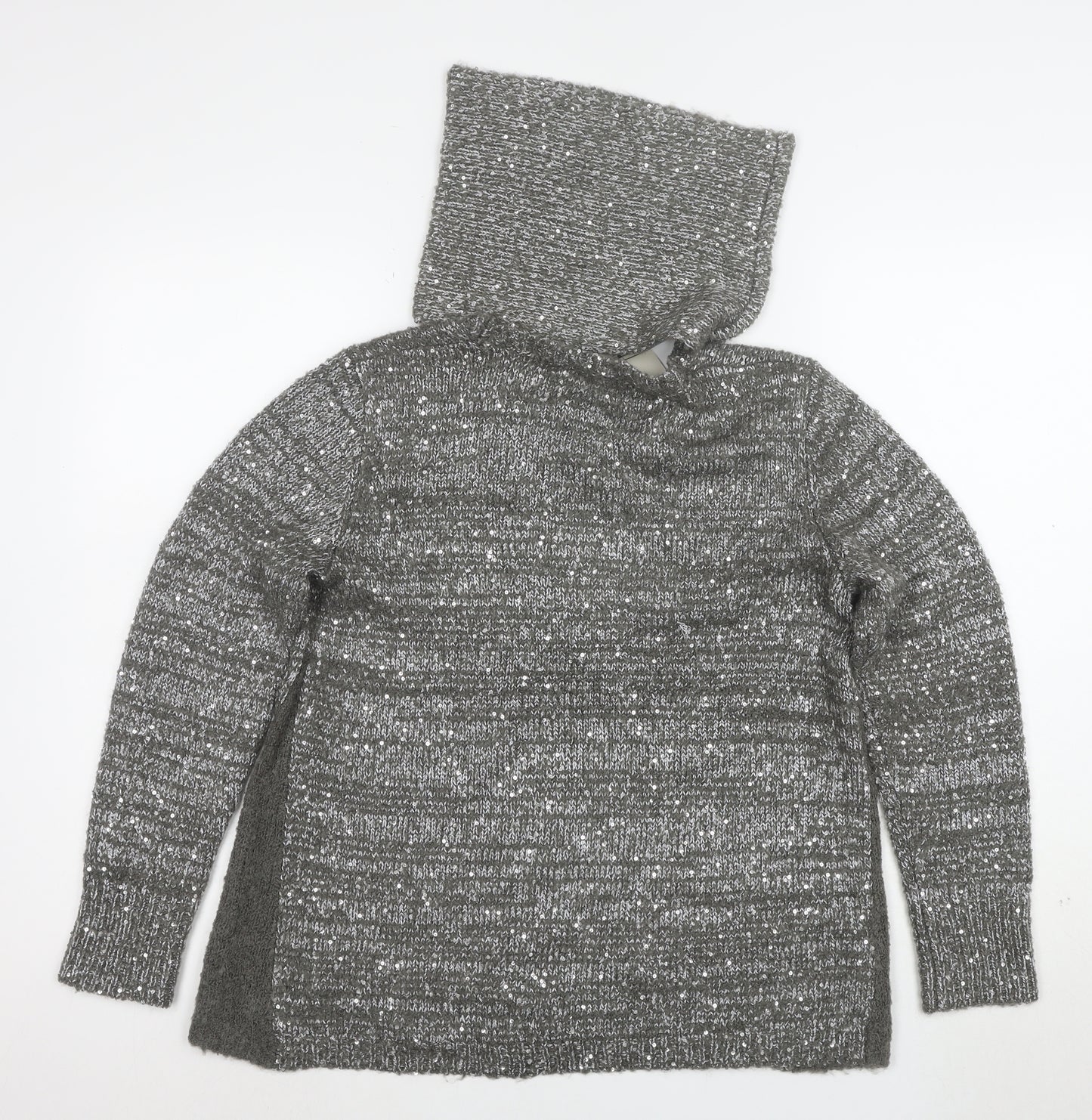 Next Women’s Grey Sequin Wool Blend Hooded Cowl Neck Jumper Size 10