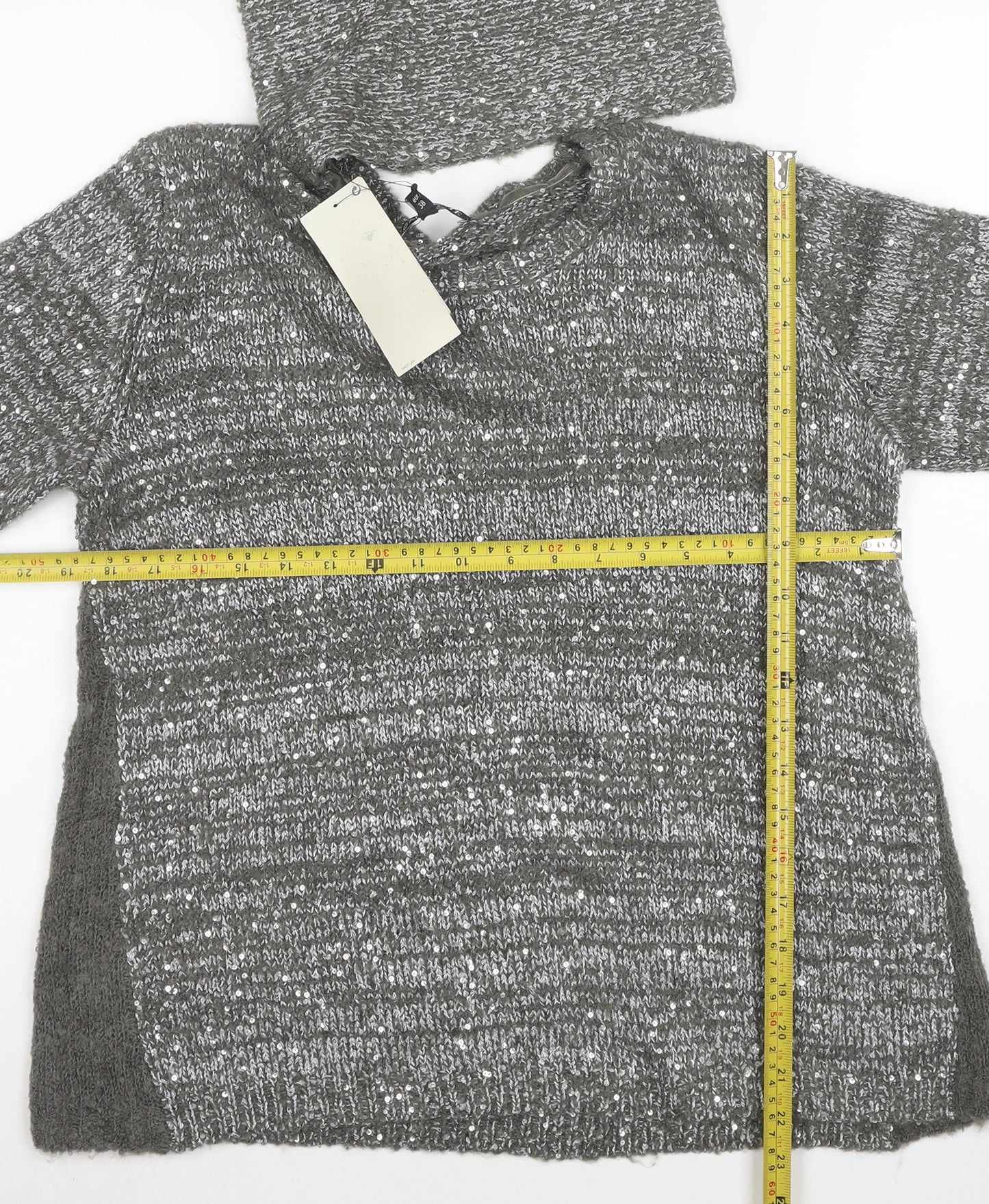 Next Women’s Grey Sequin Wool Blend Hooded Cowl Neck Jumper Size 10