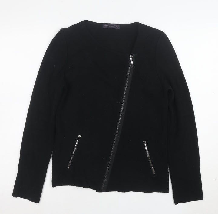 Marks and Spencer Womens Black Biker Jacket Size 8 Zip Pockets Knit