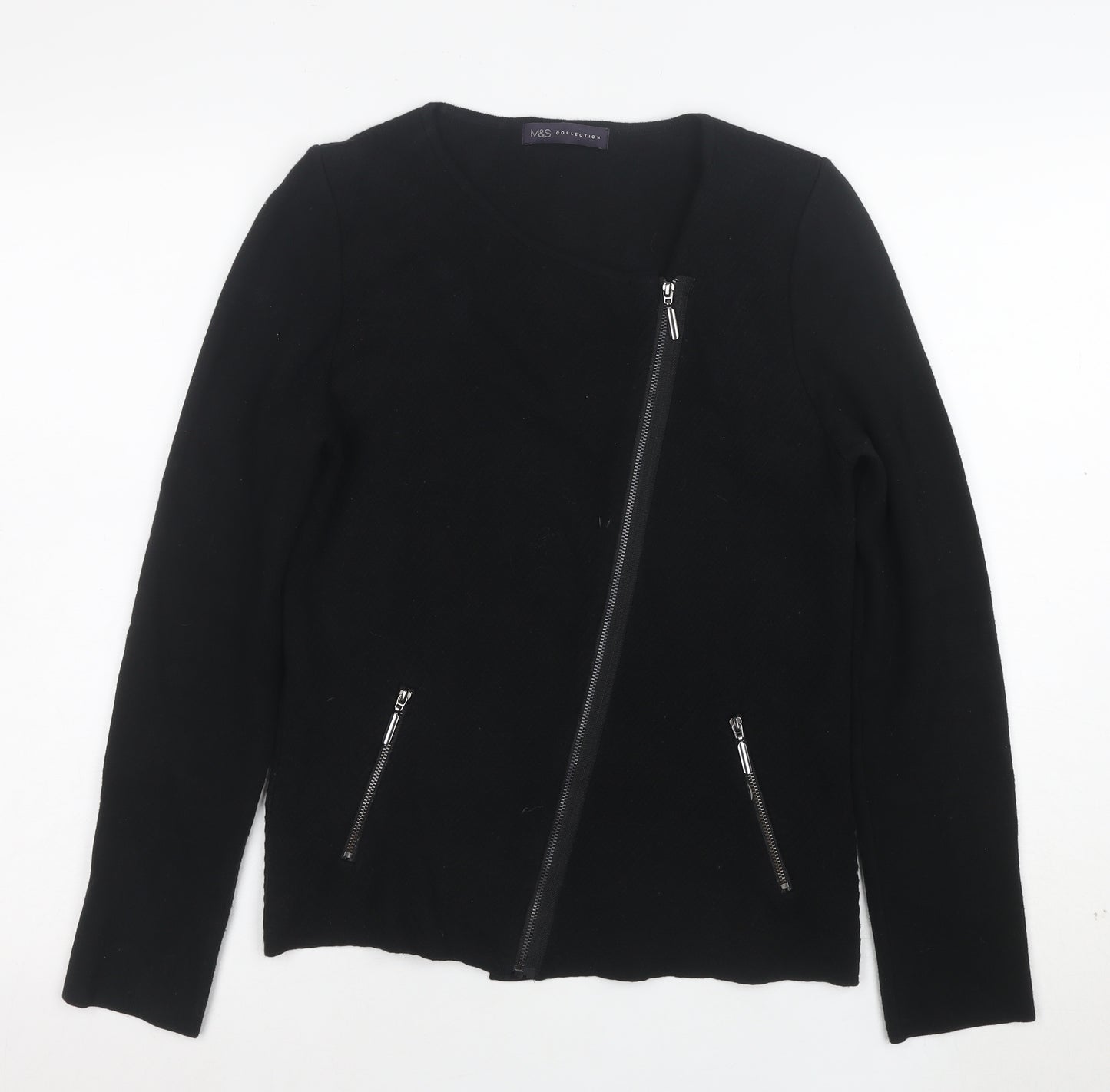 Marks and Spencer Womens Black Biker Jacket Size 8 Zip Pockets Knit