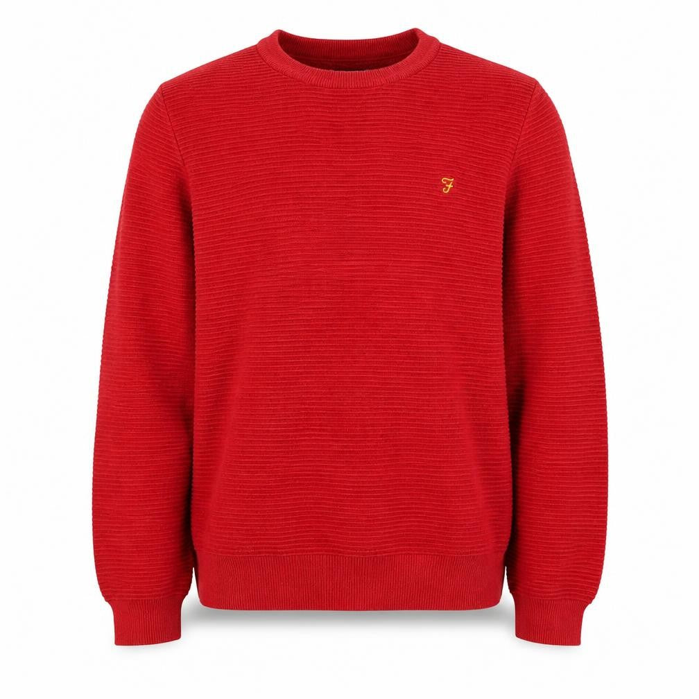 Front view of Farah Men’s Red Cotton Crew Neck Jumper, size M, Classic Knit