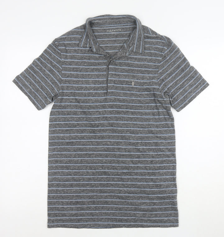AllSaints Men's Grey Striped Slim Fit Polo Shirt XS