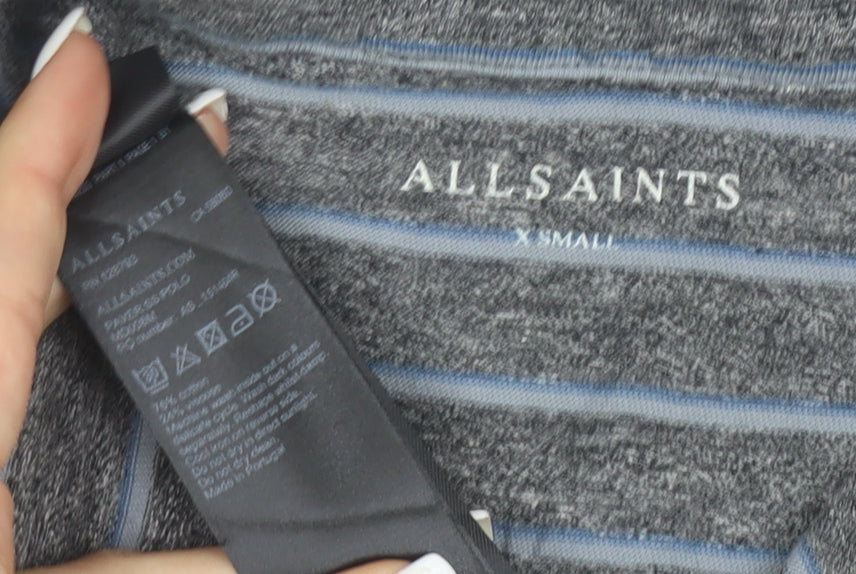 AllSaints Men's Grey Striped Slim Fit Polo Shirt XS