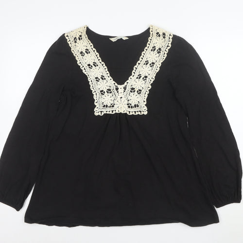 BHS Womens Black Crochet V-Neck Long Sleeve Cotton Tunic Blouse Size 16