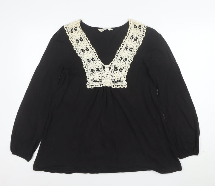 BHS Womens Black Crochet V-Neck Long Sleeve Cotton Tunic Blouse Size 16