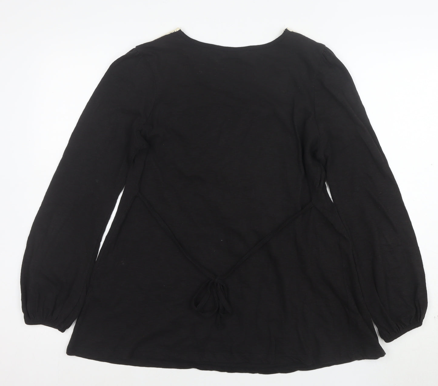 BHS Womens Black Crochet V-Neck Long Sleeve Cotton Tunic Blouse Size 16