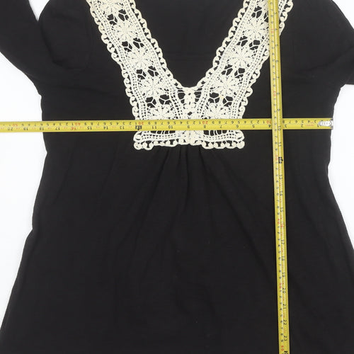 BHS Womens Black Crochet V-Neck Long Sleeve Cotton Tunic Blouse Size 16