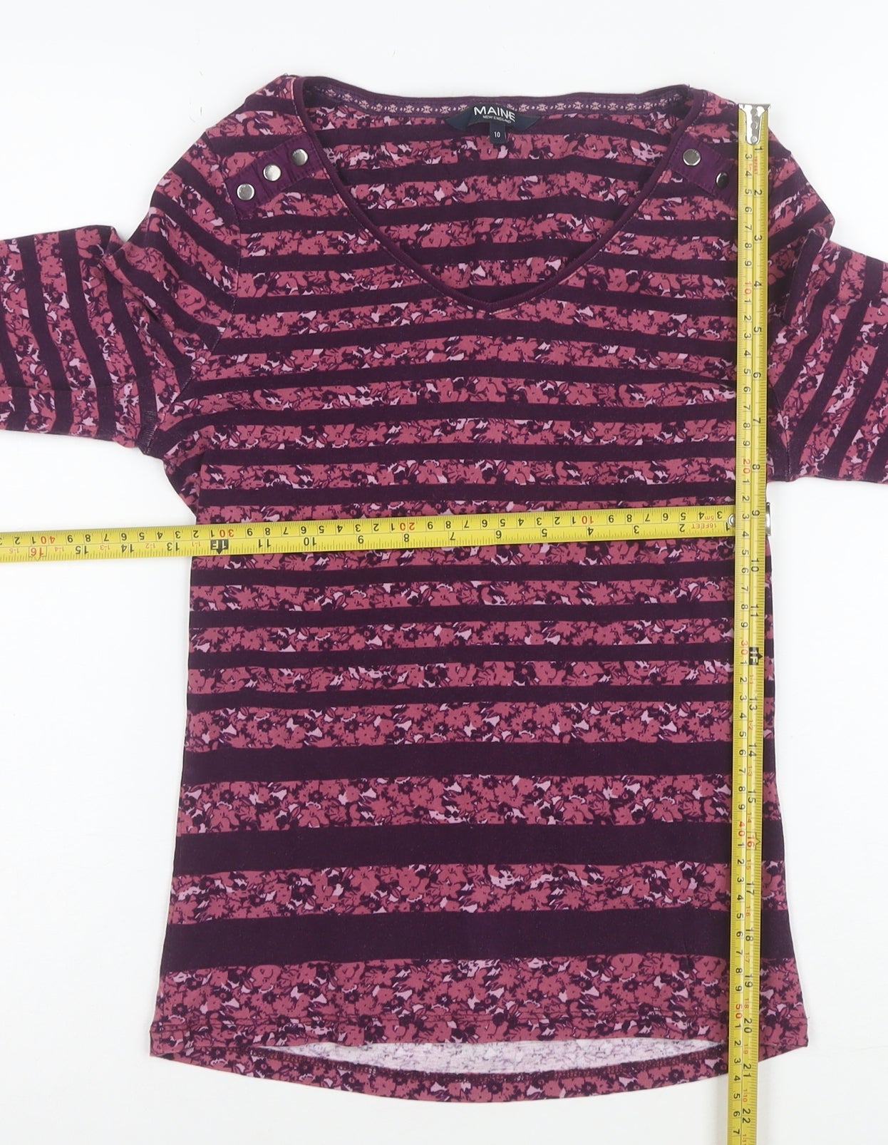 Maine New England Women's Purple Striped Cotton Long Sleeve V-Neck Top Size 10