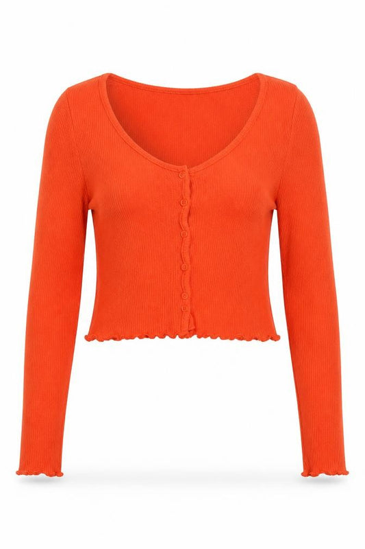Front view of H&M Divided Women's Orange Cropped Knit Button-Up Top, size S