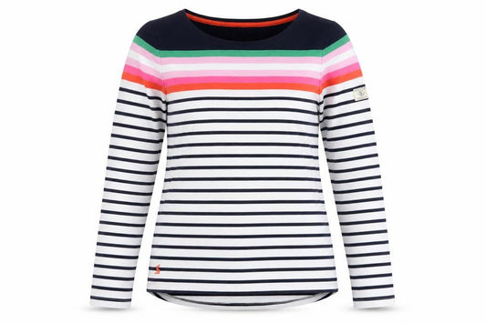 Front view of Joules women’s multicoloured striped long sleeve cotton t-shirt, size UK 12