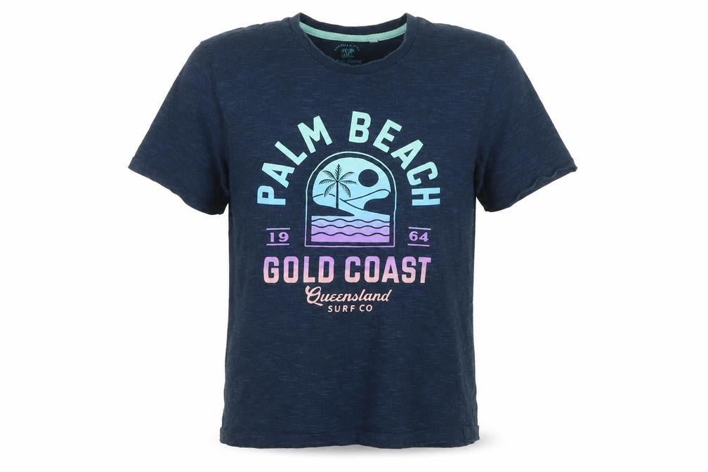 Front view of Next Men's Blue Palm Beach Graphic Cotton T-Shirt, size M